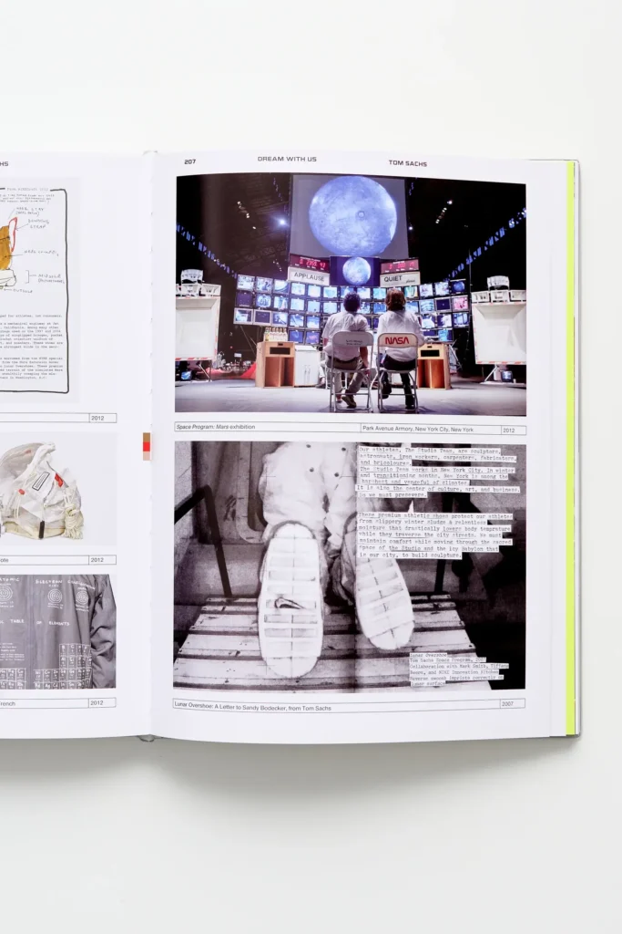 Interior spread of Nike: Better Is Temporary showing Tom Sachs’ Mars Yard space program installation with NASA chairs facing a wall of monitors and a large moon display, alongside archival imagery of prototype lunar overshoes