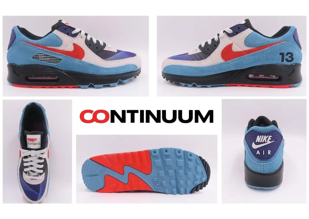 A multi-angle product layout showcases a Nike Air Max shoe in a bold, color-blocked design. The shoe features a mix of light blue suede overlays, white mesh panels, and deep blue accents, contrasted by a vivid red Swoosh. Additional details include a black midsole with a visible Air unit, a red and blue outsole, and a “13” marking on the heel. One view highlights a “TEDx Portland” label on the tongue, while another displays “Nike Air” branding on the heel. The word “CONTINUUM” appears prominently in the center, suggesting a concept or thematic design narrative behind the shoe