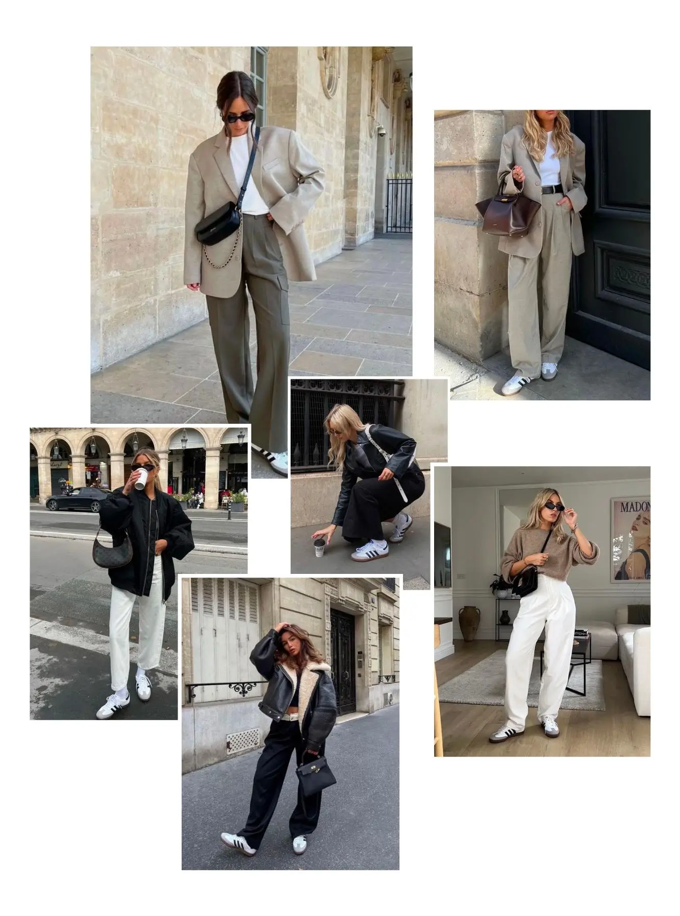 Collage of six street-style outfits featuring women wearing relaxed, tailored looks paired with classic low-top sneakers. The outfits include oversized blazers, wide-leg trousers, and neutral-toned pieces in beige, black, and white. Accessories such as sunglasses and structured handbags complete the looks. The settings vary between urban streets, building exteriors, and indoor spaces, highlighting effortless, minimalist styling with a casual, contemporary edge