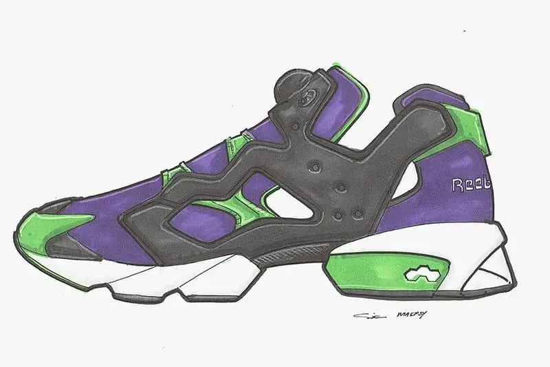 A hand-drawn concept sketch of a futuristic Reebok shoe featuring a bold, sculptural cage overlay in black, layered over a purple base with bright green accents at the toe, heel, and midsole. The design includes a segmented sole with angular geometry and a small window detail near the heel, while the upper shows cut-out sections and a strap-like structure wrapping the midfoot, emphasizing a technical, cyber-inspired aesthetic
