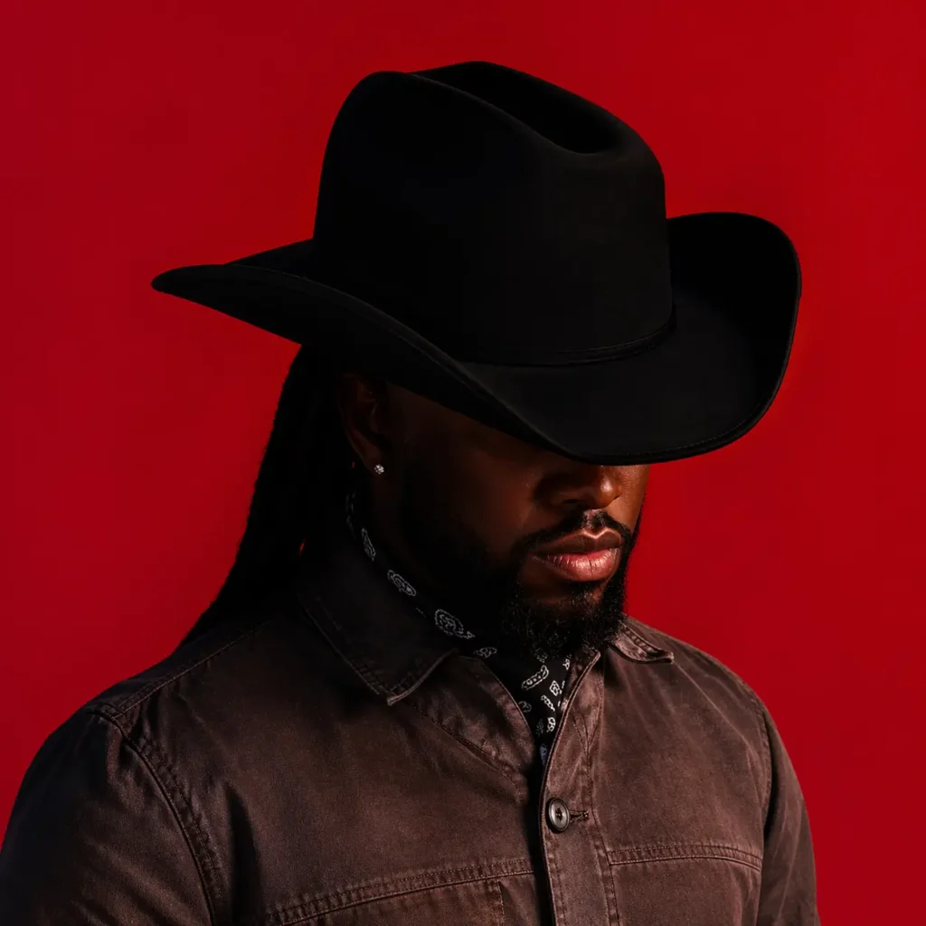 A moody, studio-lit portrait of Shaboozey in profile, partially obscured by shadow, wearing a wide-brimmed black cowboy hat and a dark outfit layered with a subtle chain necklace. The vivid red background creates a striking contrast, casting the figure into a silhouette-like presence while emphasizing the contours of his face and the brim of the hat, evoking a cinematic, Western-inspired aesthetic with a modern, stylized edge
