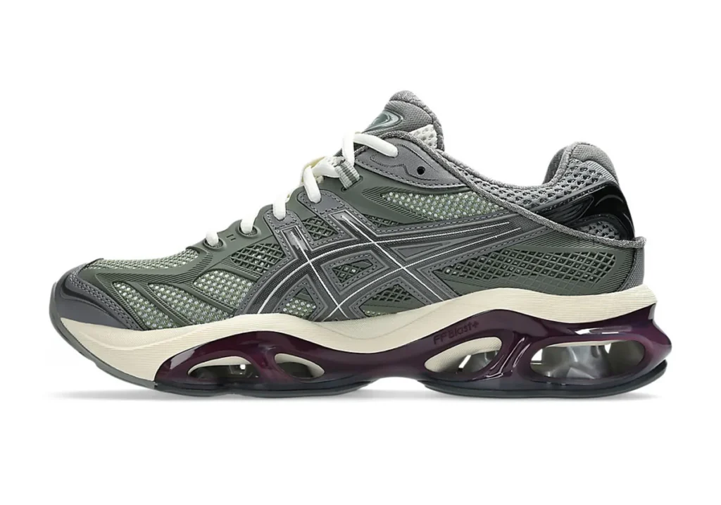 ASICS GEL-Kinetic 2.0 ‘Lichen Green’ shoe in side profile view. The premium Sportstyle model showcases a rich lichen green mesh and synthetic upper with bold ASICS Tiger stripes, off-white midsole, and a striking translucent dark burgundy GEL cushioning unit with visible silver scutoid GEL pods and FF Blast+ branding