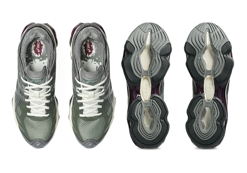 Top and heel view of the ASICS GEL-Kinetic 2.0 ‘Lichen Green’ shoe. The pair is shown from above, revealing the lichen green mesh upper, white laces, and padded collar with ASICS branding, alongside the intricate heel and outsole featuring layered dark burgundy translucent GEL cushioning, off-white midsole, and detailed tread pattern