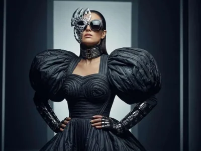 Rosalie stands confidently in a structured, avant-garde black dress with exaggerated puffed shoulders and a sculpted bodice, paired with a wide choker and metallic arm cuffs. She wears oversized black sunglasses and a dramatic silver face piece covering one side of her face, set against a sleek, dark, gallery-like background that emphasizes the futuristic, high-fashion aesthetic