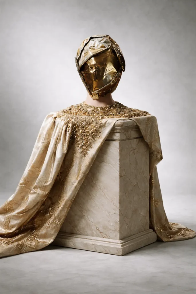 Ornate gold-masked figure draped in embroidered couture fabric, seated against a marble pedestal, evoking sculptural luxor and theatrical anonymity