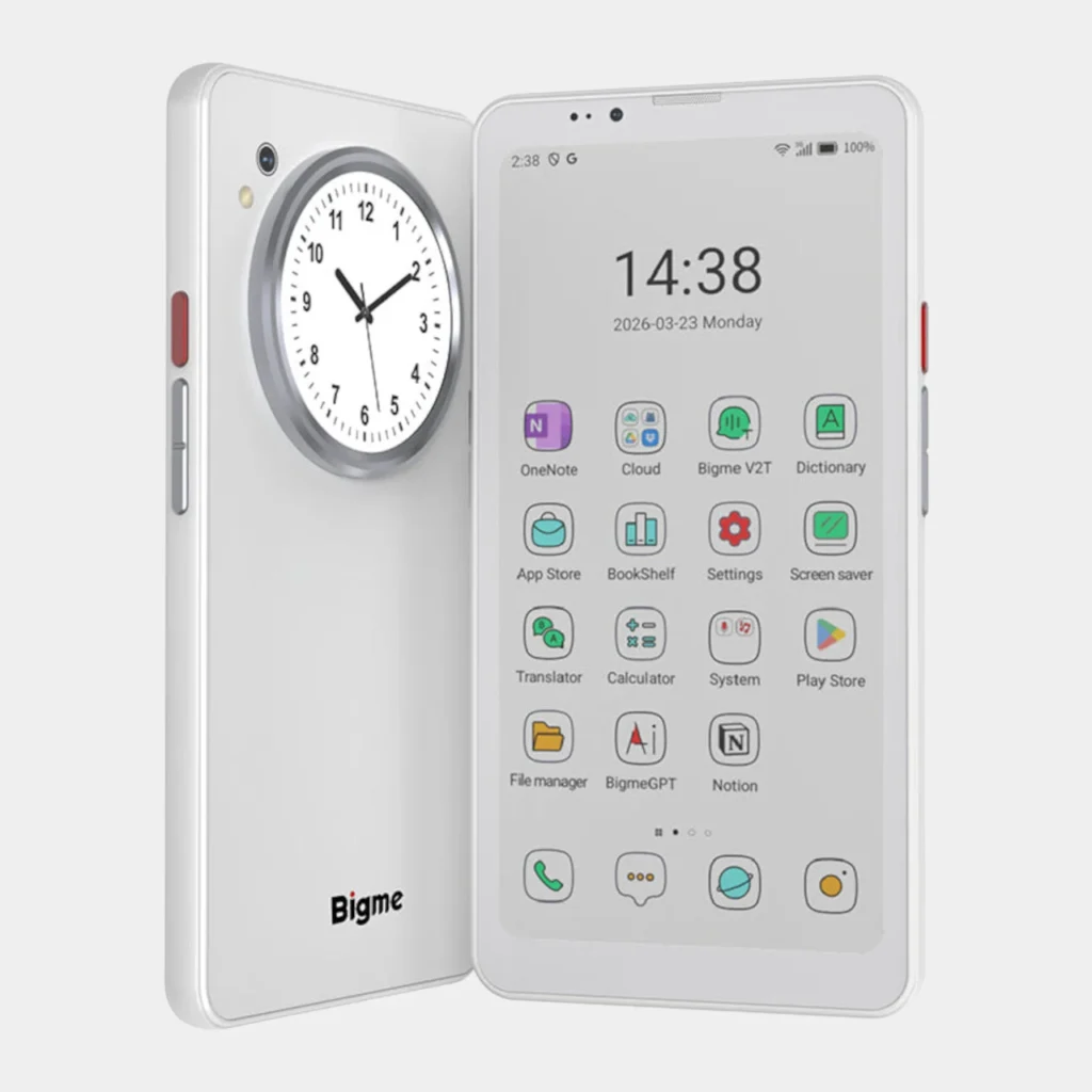 BIGME HIBREAK DUAL dual-screen e-Ink device showing front app interface and rear circular LCD clock display in a clean product view