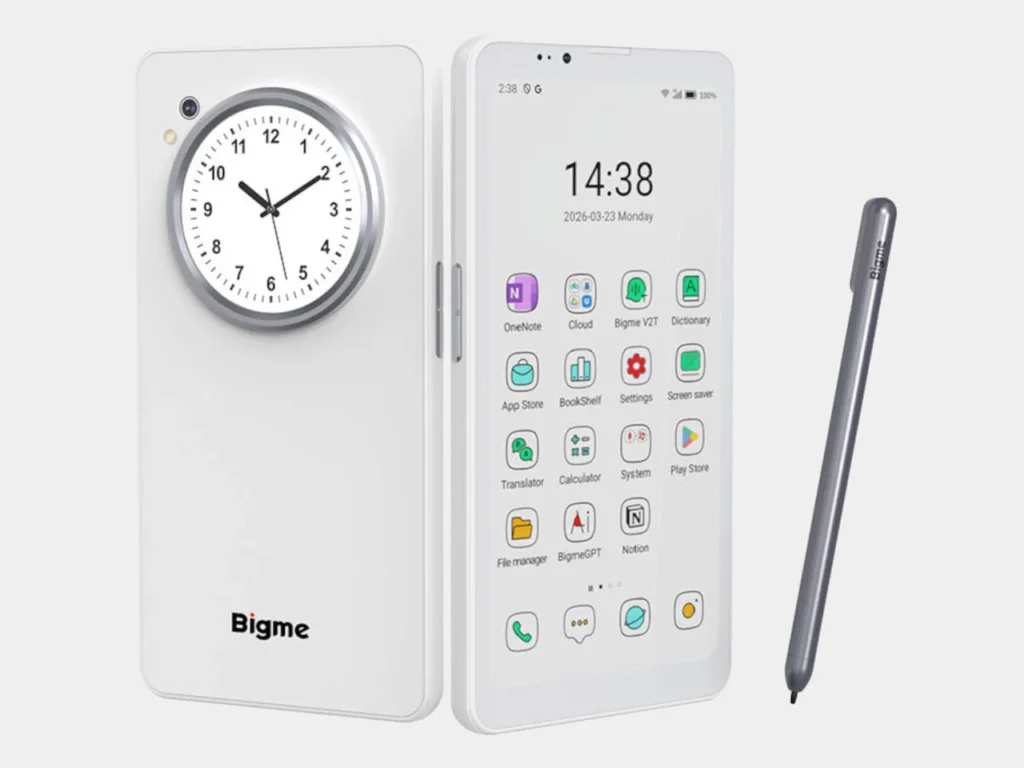 BIGME HIBREAK DUAL dual-screen e-Ink device with front display showing app interface and rear circular LCD clock, alongside stylus pen