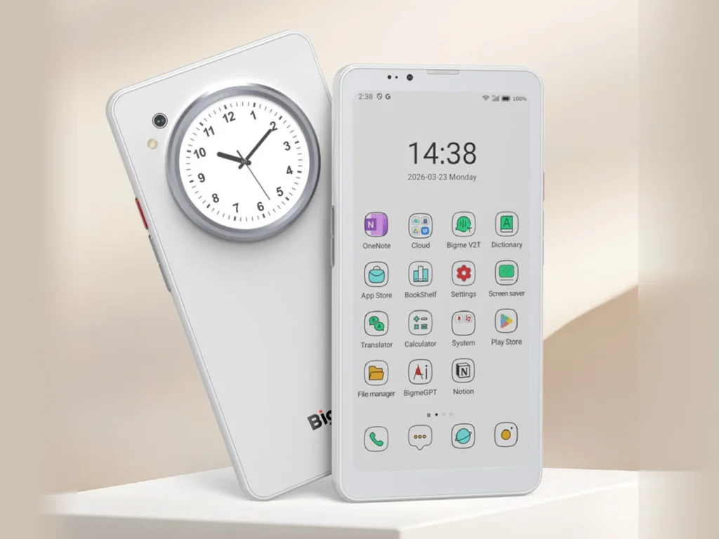 BIGME HIBREAK DUAL dual-screen e-Ink device showing front app interface and rear circular LCD clock display in a clean product view