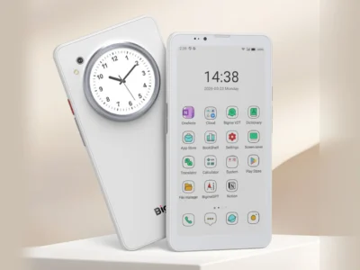 BIGME HIBREAK DUAL dual-screen e-Ink device showing front app interface and rear circular LCD clock display in a clean product view