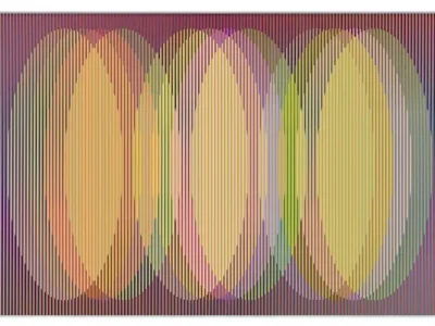 Physichromie n°2826 by Carlos Cruz-Diez featuring tightly spaced vertical color strips in pink, yellow, green, and orange, forming overlapping oval shapes that shift visually with movement across a reflective aluminum surface