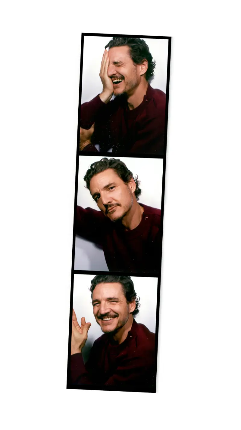 Three-frame photo strip of Pedro Pascal against a clean white backdrop, wearing a deep burgundy knit; in the first frame he laughs with his hand covering part of his face, in the second he leans forward with a thoughtful, slightly serious gaze, and in the third he smiles broadly, capturing a playful, candid range of expressions