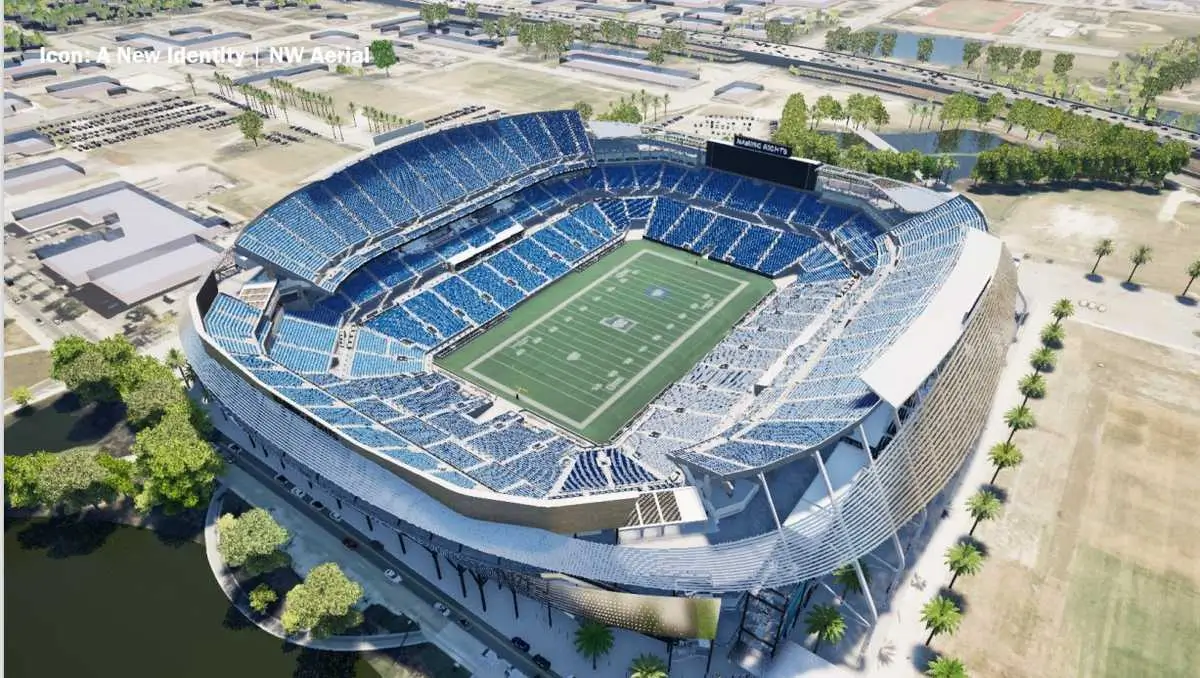 Aerial rendering of Camping World Stadium in Orlando showing a modernized open-air football venue with blue seating tiers, a central field, expanded upper decks, and a sleek exterior façade, surrounded by palm-lined walkways and nearby water features