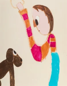 Childlike figurative painting showing a simplified human figure in a pink and orange striped top raising one arm, standing beside a dark brown dog, rendered in loose, expressive brushstrokes on a light background