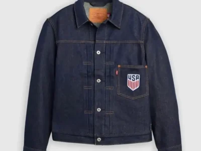 Levi’s x U.S. Soccer denim trucker jacket with official USA crest on the chest pocket, part of the 2026 World Cup collection