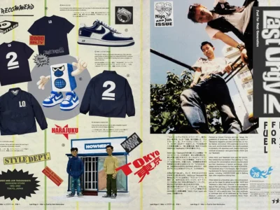 Editorial-style collage layout featuring a Nike x NIGO “Last Orgy 2” collection spread, combining product shots, graphics, and lifestyle imagery. The composition includes navy apparel pieces with bold “2” and “LO” branding, a blue-and-white Air Force 1, and playful illustrated elements, alongside Japanese text blocks and magazine-style annotations. On the right, a candid street-style photo of two individuals complements the layout, while vertical typography reading “LAST ORGY 2 / FUEL FOR NEXT GENERATION” reinforces the collection’s cultural and archival narrative
