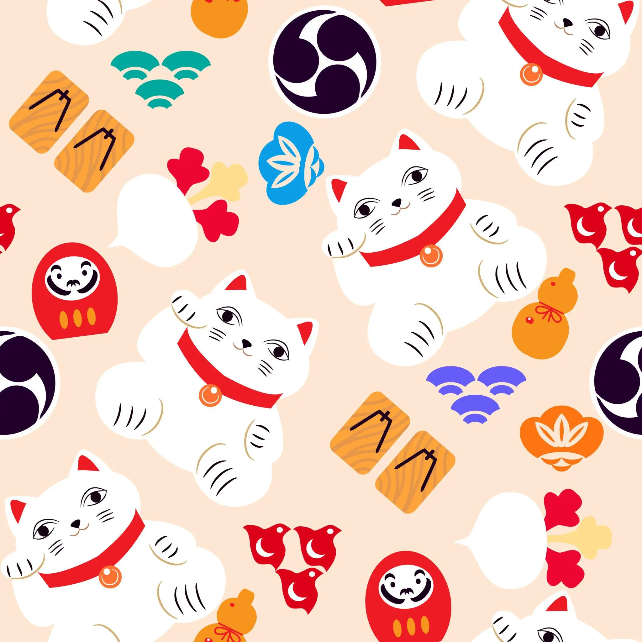 Seamless pattern featuring play Japanese lucky motifs including maneki-neko cats, daruma dolls, wooden ema plaques, stylized birds, and decorative symbols in bright, flat colors on a neutral background