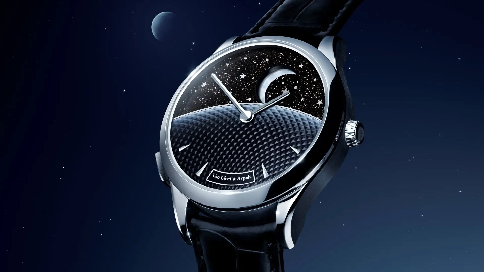 Van Cleef & Arpels Midnight Jour Nuit Phase de Lune watch angled in white gold with black alligator strap, aventurine dial featuring crescent moon and stars above a textured guilloché horizon, set against a deep blue night sky backdrop