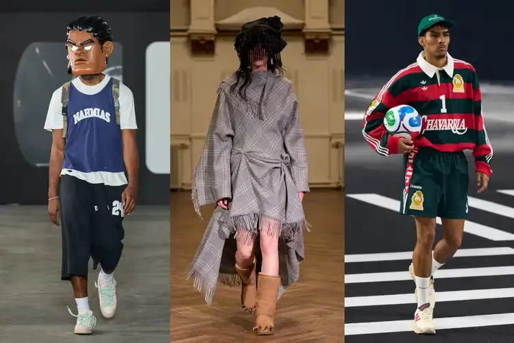 Triptych of three runway looks presented side by side. On the left, a model wears an oversized cartoonish character mask with a stern expression, paired with a layered streetwear outfit featuring a navy basketball-style jersey over a white tee, long dark shorts, and white sneakers. In the center, a model is shown from the back wearing a draped, asymmetrical plaid garment with fringe detailing, styled with tan mid-calf boots on a polished indoor runway. On the right, a model walks forward in a sporty, retro-inspired look consisting of a green and red striped long-sleeve rugby shirt, green shorts, a matching cap, white socks, and shoe, holding a soccer bal