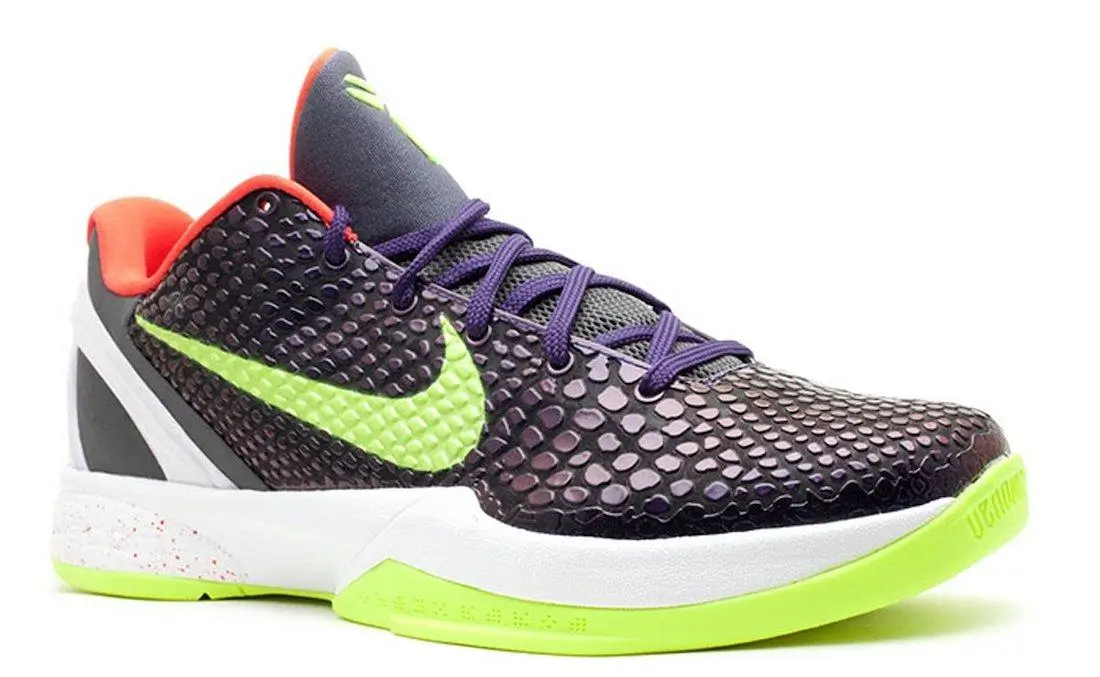 Nike Kobe basketball shoe featuring a black scaled-texture upper with a neon green Swoosh, purple laces, orange inner lining, and a white midsole with bright green outsole accents, shown against a clean white background