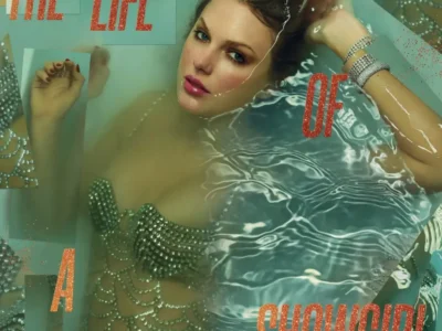 Taylor Swift submerged in water wearing an ornate crystal-embellished bodice, surrounded by sparkling torn photographs. Artistic collage cover for “The Life of a Showgirl” with glitter text
