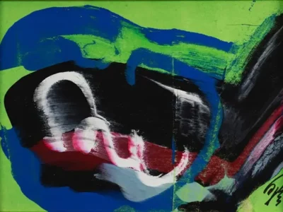 Abstract gouache painting featuring bold, gestural strokes in black, white, and deep red layered over a vivid green background, encircled by fluid blue forms, with visible brush textures and dynamic movement suggesting physical, expressive mark-making