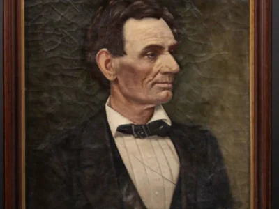 Portrait of Abraham Lincoln in profile, painted in muted tones with visible canvas aging, showing a contemplative expression against a dark textured background within a wooden frame