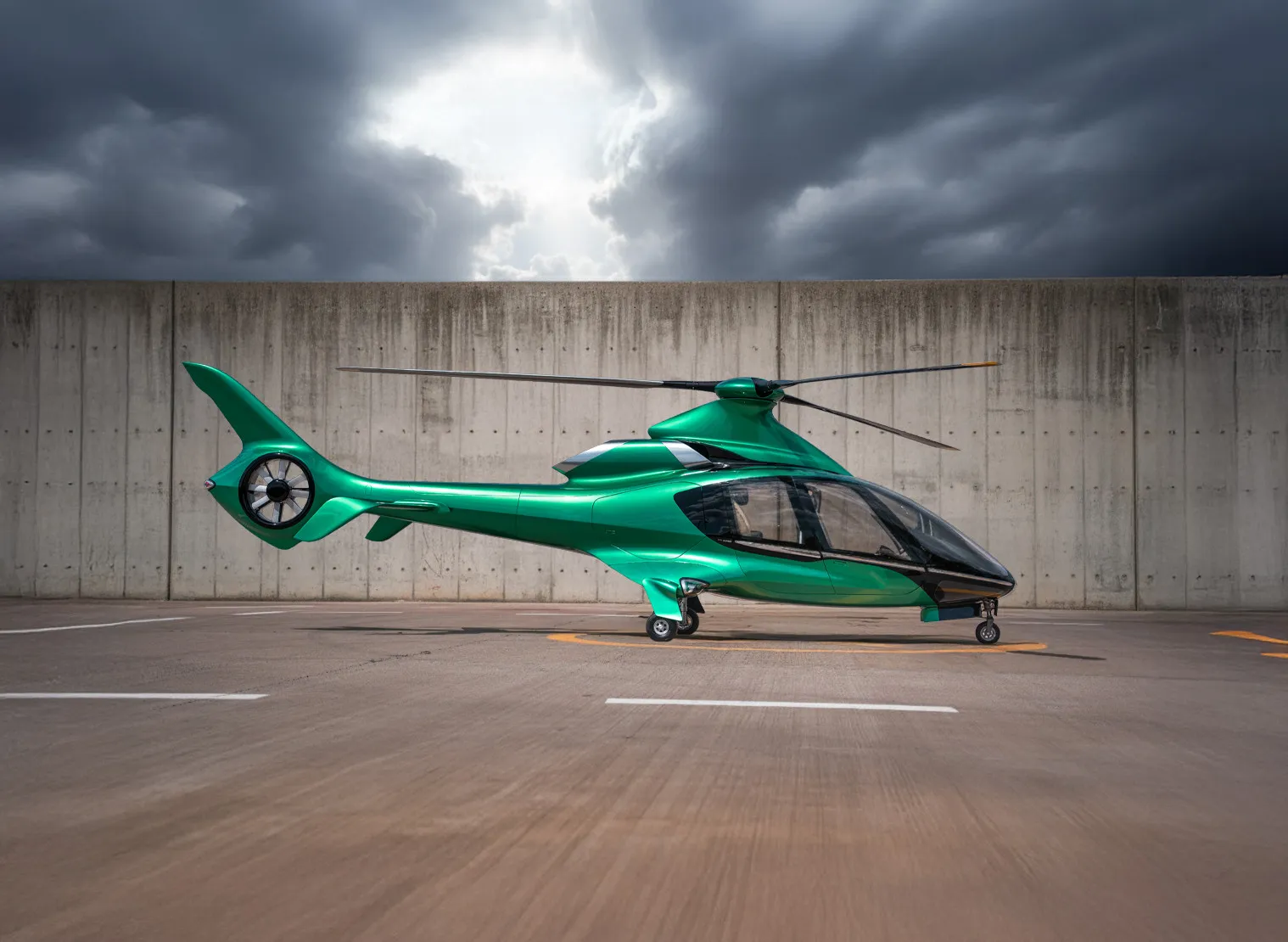 Side profile of a futuristic green helicopter resting on a marked helipad, featuring a streamlined body, enclosed tail rotor, and glass cockpit, set against a concrete wall under a dramatic cloudy sky
