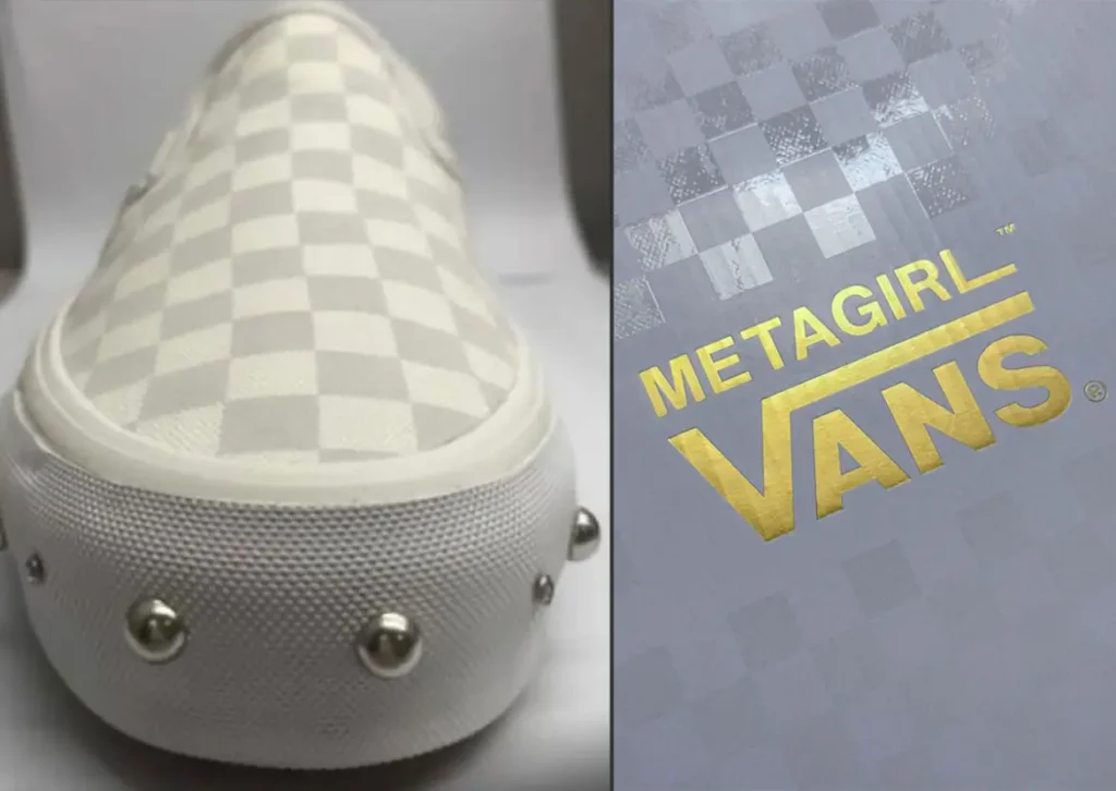 A split-frame composition juxtaposes product detail and branded packaging. On the left, a close-up of a white slip-on sneaker highlights a tonal checkerboard canvas upper—an understated nod to Vans’ heritage—paired with a textured rubber foxing. The toe cap is punctuated with evenly spaced, dome-shaped metallic studs, adding a subtle, industrial edge to the otherwise clean silhouette. On the right, the accompanying packaging mirrors that elevated intent: a grey checkerboard surface with alternating matte and gloss finishes, overlaid by a bold metallic gold “METAGIRL VANS®” logo. The reflective foil lettering contrasts sharply against the subdued base, reinforcing the collaborative identity. Together, the pairing reads as a cohesive design language—heritage skate DNA refined through a more ornamental, fashion-leaning lens, where minimalism is punctuated by deliberate embellishment
