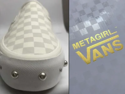 A split-frame composition juxtaposes product detail and branded packaging. On the left, a close-up of a white slip-on sneaker highlights a tonal checkerboard canvas upper—an understated nod to Vans’ heritage—paired with a textured rubber foxing. The toe cap is punctuated with evenly spaced, dome-shaped metallic studs, adding a subtle, industrial edge to the otherwise clean silhouette. On the right, the accompanying packaging mirrors that elevated intent: a grey checkerboard surface with alternating matte and gloss finishes, overlaid by a bold metallic gold “METAGIRL VANS®” logo. The reflective foil lettering contrasts sharply against the subdued base, reinforcing the collaborative identity. Together, the pairing reads as a cohesive design language—heritage skate DNA refined through a more ornamental, fashion-leaning lens, where minimalism is punctuated by deliberate embellishment