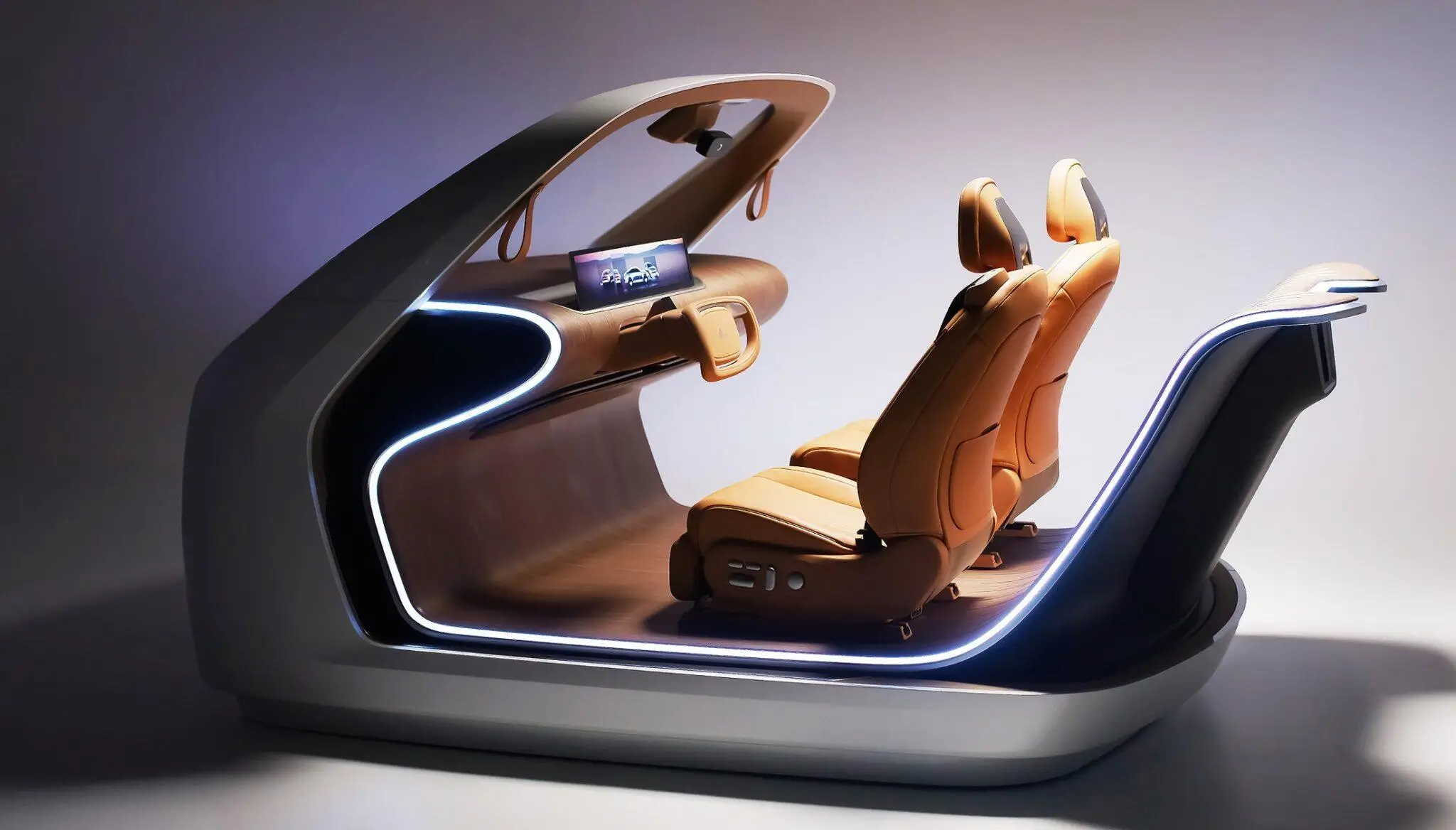 Futuristic concept vehicle cockpit module with an open-frame design, featuring two tan leather seats, a curved illuminated dashboard, integrated display screen, and sculptural minimalist architecture suggesting autonomous driving