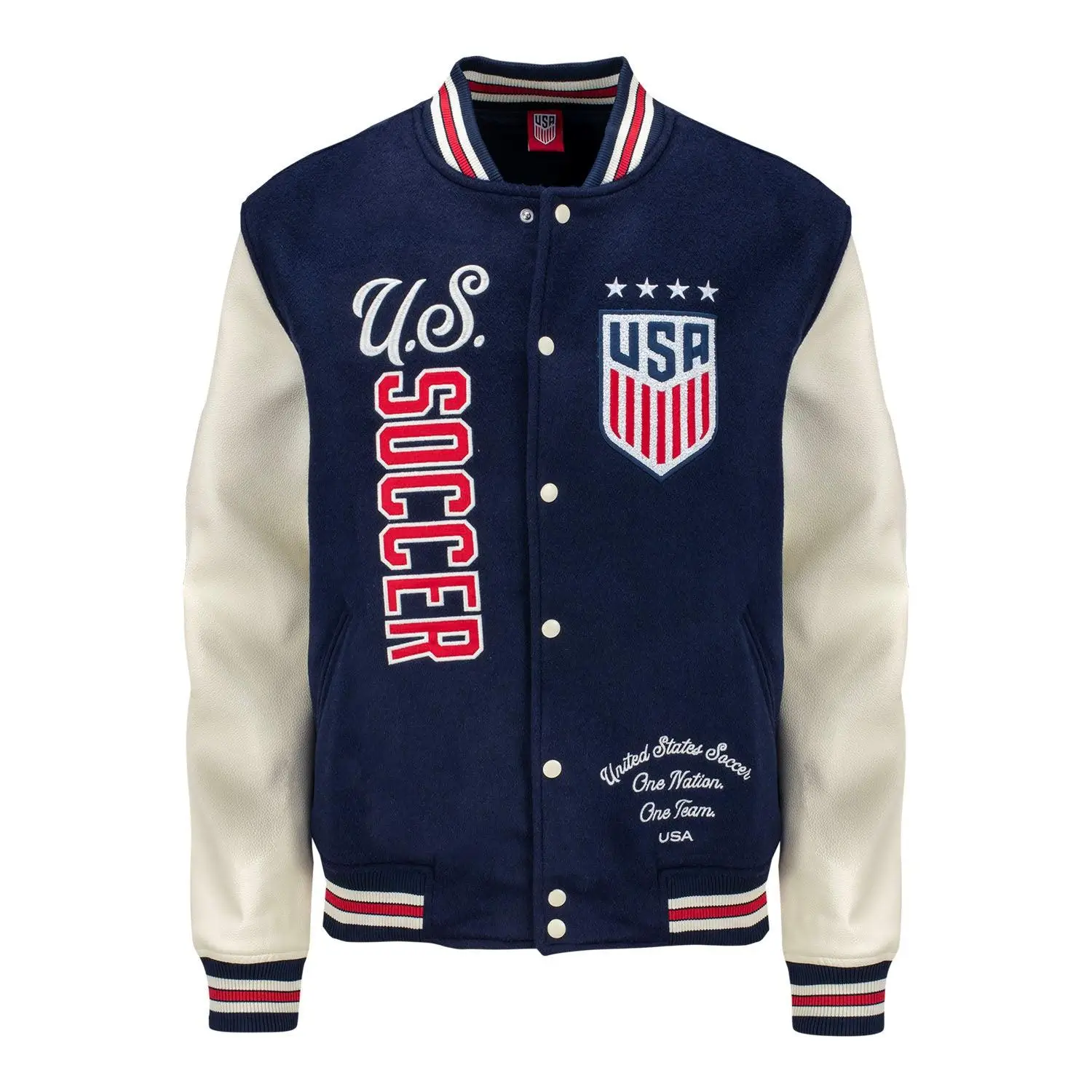 Navy and cream U.S. Soccer varsity jacket from the Levi’s 2026 World Cup collection with embroidered crest and lettering