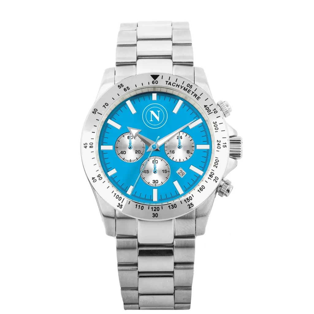 SSC Napoli P-N0471UB1 stainless steel chronograph watch with deep navy blue dial, silver subdials, tachymeter bezel, luminous hands, and brushed steel bracelet on white background