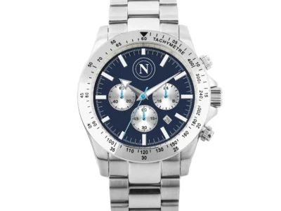 SSC Napoli P-N0471UB1 stainless steel chronograph watch with deep navy blue dial, silver subdials, tachymeter bezel, luminous hands, and brushed steel bracelet on white background