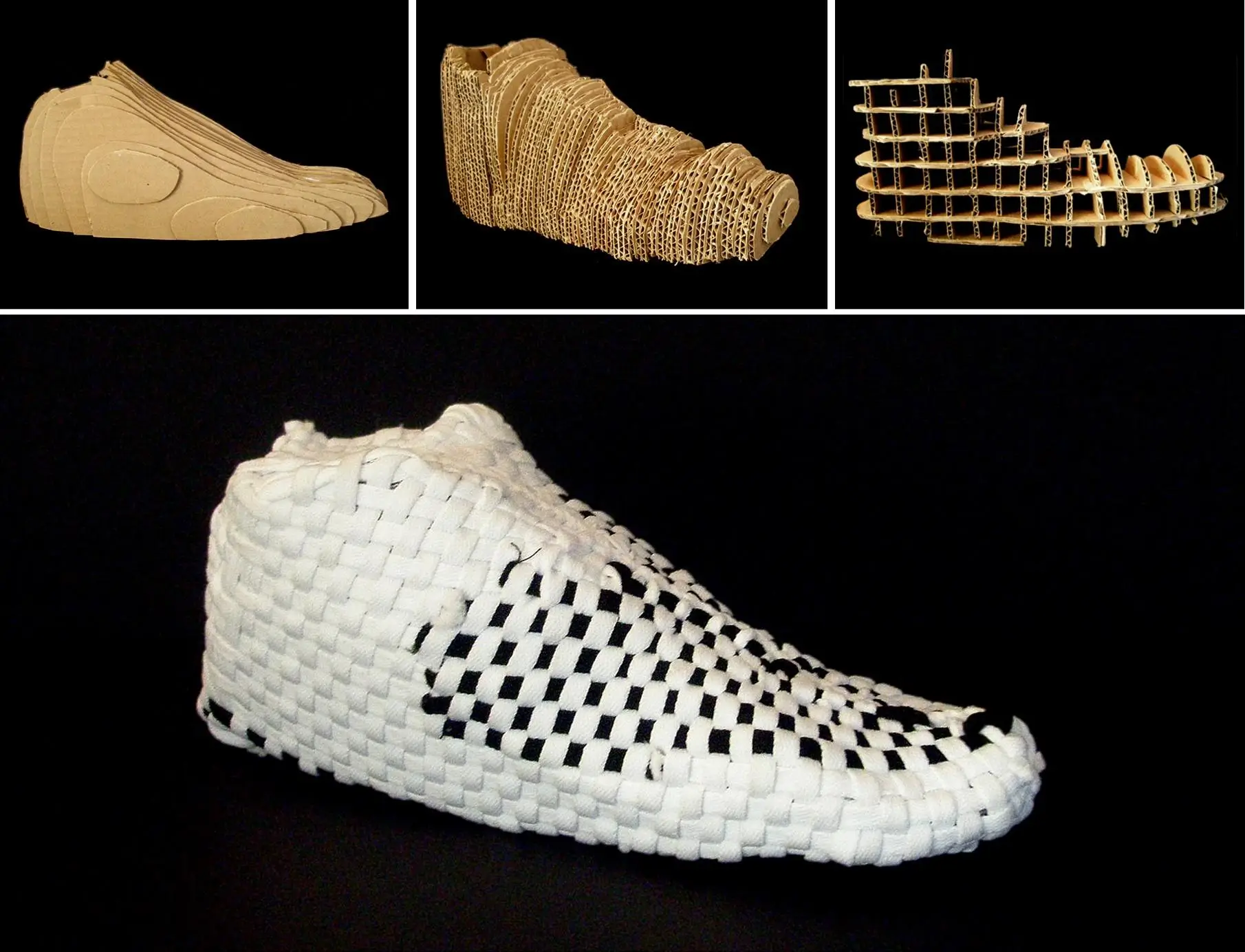 Composite image showing experimental footwear development: top row features layered contour, ribbed skeletal, and grid framework shoe prototypes in cardboard; bottom shows a finished white 3D woven sneaker with interlaced structure and checkerboard midsection on a black background