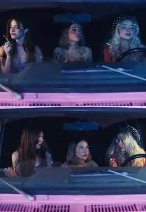 Sabrina Carpenter, Margaret Qualley, and Madelyn Cline sit in a dimly lit car at night, framed in blue and pink lighting, captured in two mirrored scenes from the House Tour video