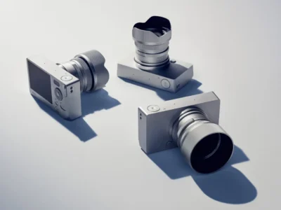 Three minimalist silver cameras with large lenses are arranged on a clean, light surface, each positioned at different angles to highlight their compact, geometric bodies and textured metal finishes