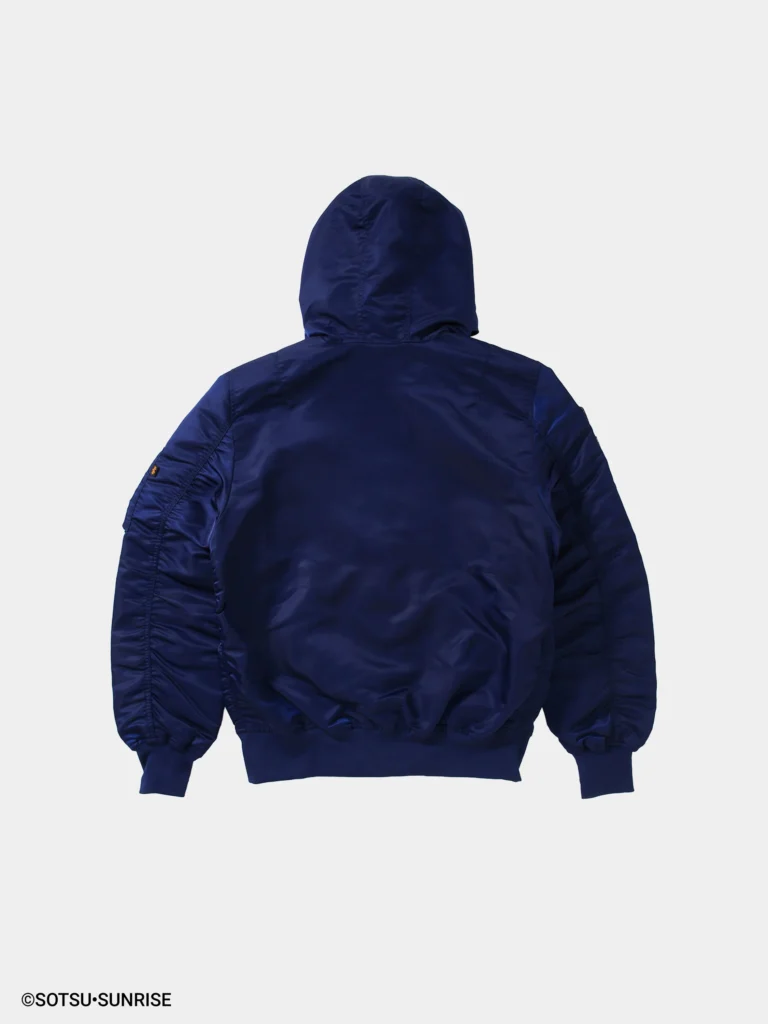 Navy blue hooded MA-1 style bomber jacket shown from the back, featuring a smooth, slightly glossy nylon finish with a relaxed, padded silhouette. The design includes a built-in hood, ribbed cuffs and hem, and minimal visible detailing, set against a clean white background