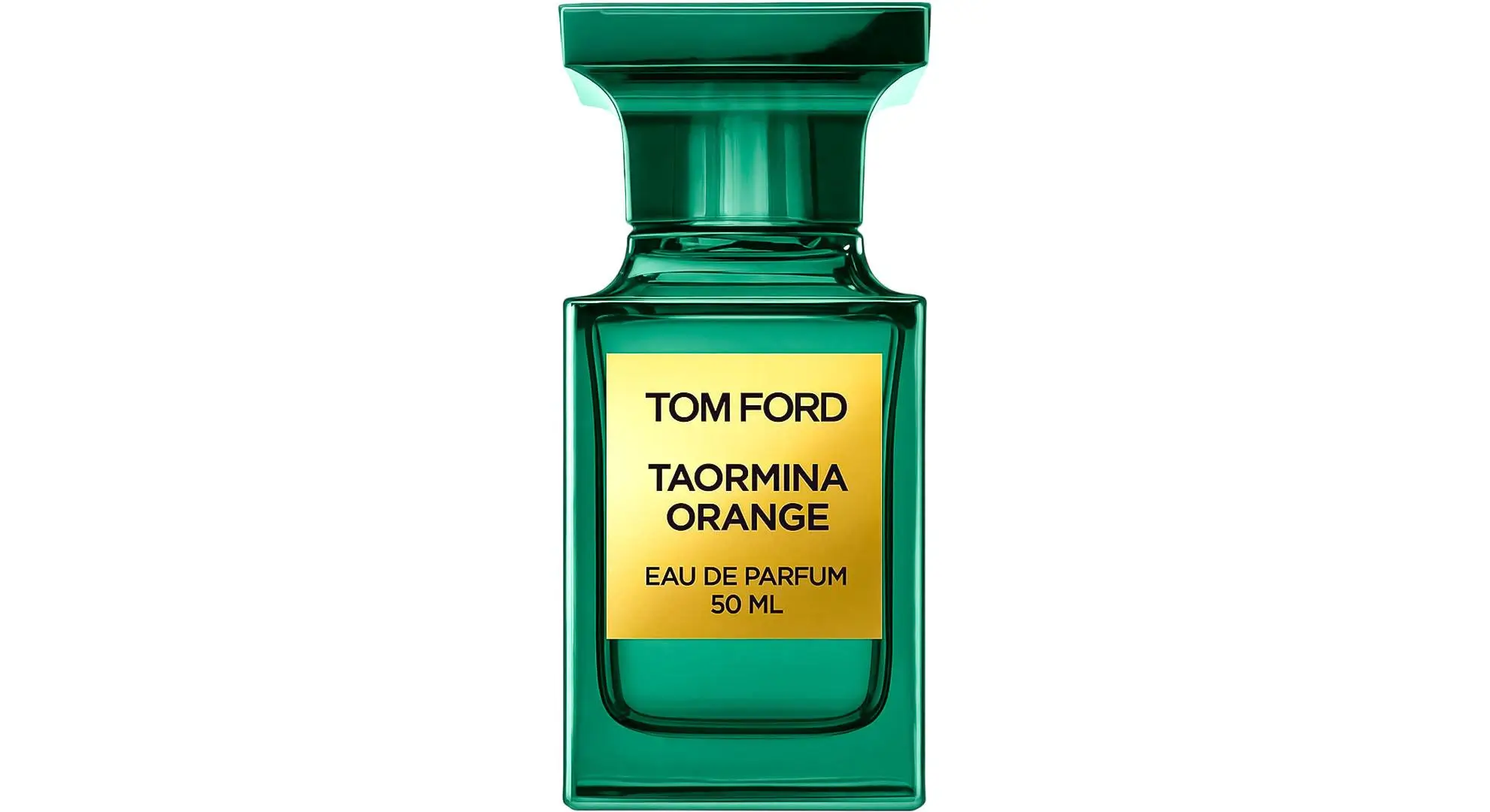 A Tom Ford Taormina Orange Eau de Parfum bottle in deep emerald-green glass with a sculptural cap, centered against a clean white background, featuring a gold label that highlights the fragrance’s refined, citrus-inspired identity
