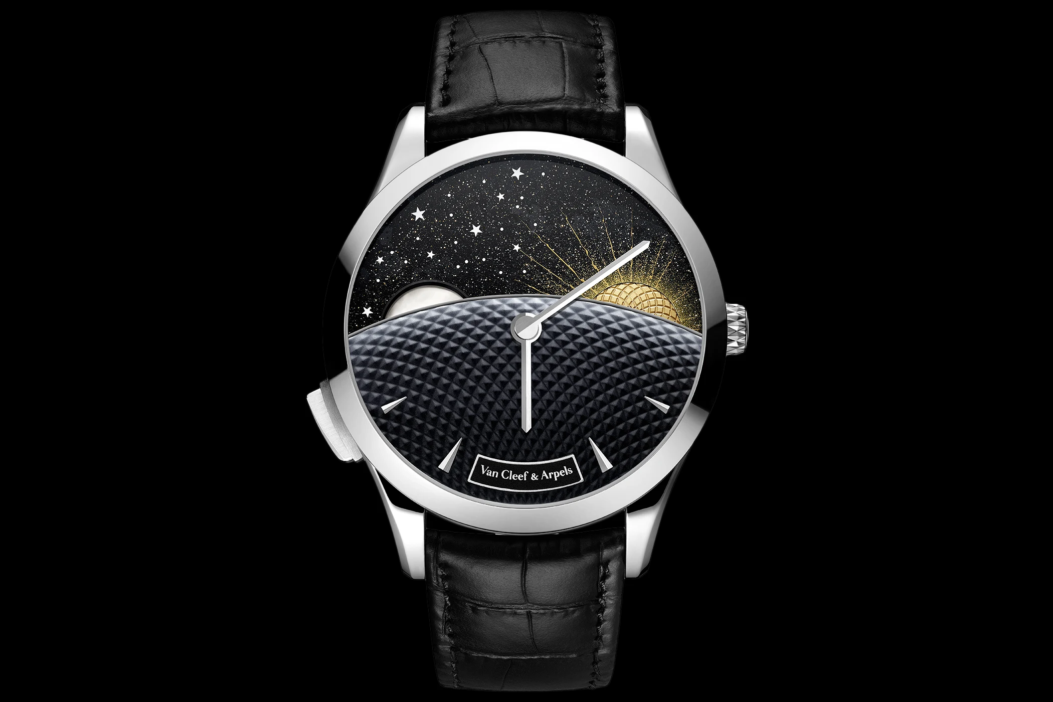 Van Cleef & Arpels Midnight Jour Nuit Phase de Lune watch with white gold case and black alligator strap, aventurine dial showing moon setting and guilloché gold sun rising behind a textured horizon under a star-filled sky