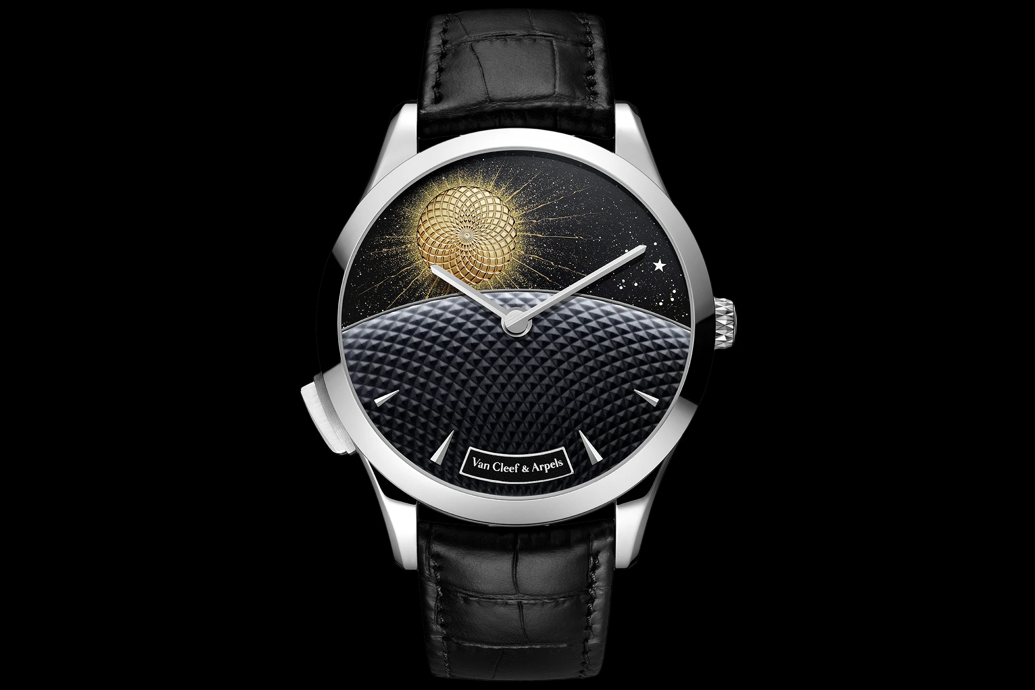 Van Cleef & Arpels Midnight Jour Nuit Phase de Lune watch with white gold case, black alligator strap, aventurine dial, guilloché gold sun above textured horizon, and minimalist silver hands against a starry night sky