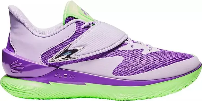 Purple and green UA Curry Fox 1 basketball shoe with Flow cushioning and low-cut performance design