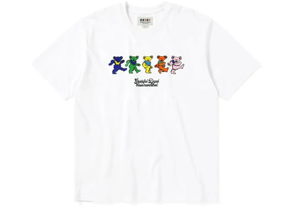 thisisneverthat® × Grateful Dead white T-shirt featuring multicolor dancing bears graphic across the chest with co-branded text logo underneath