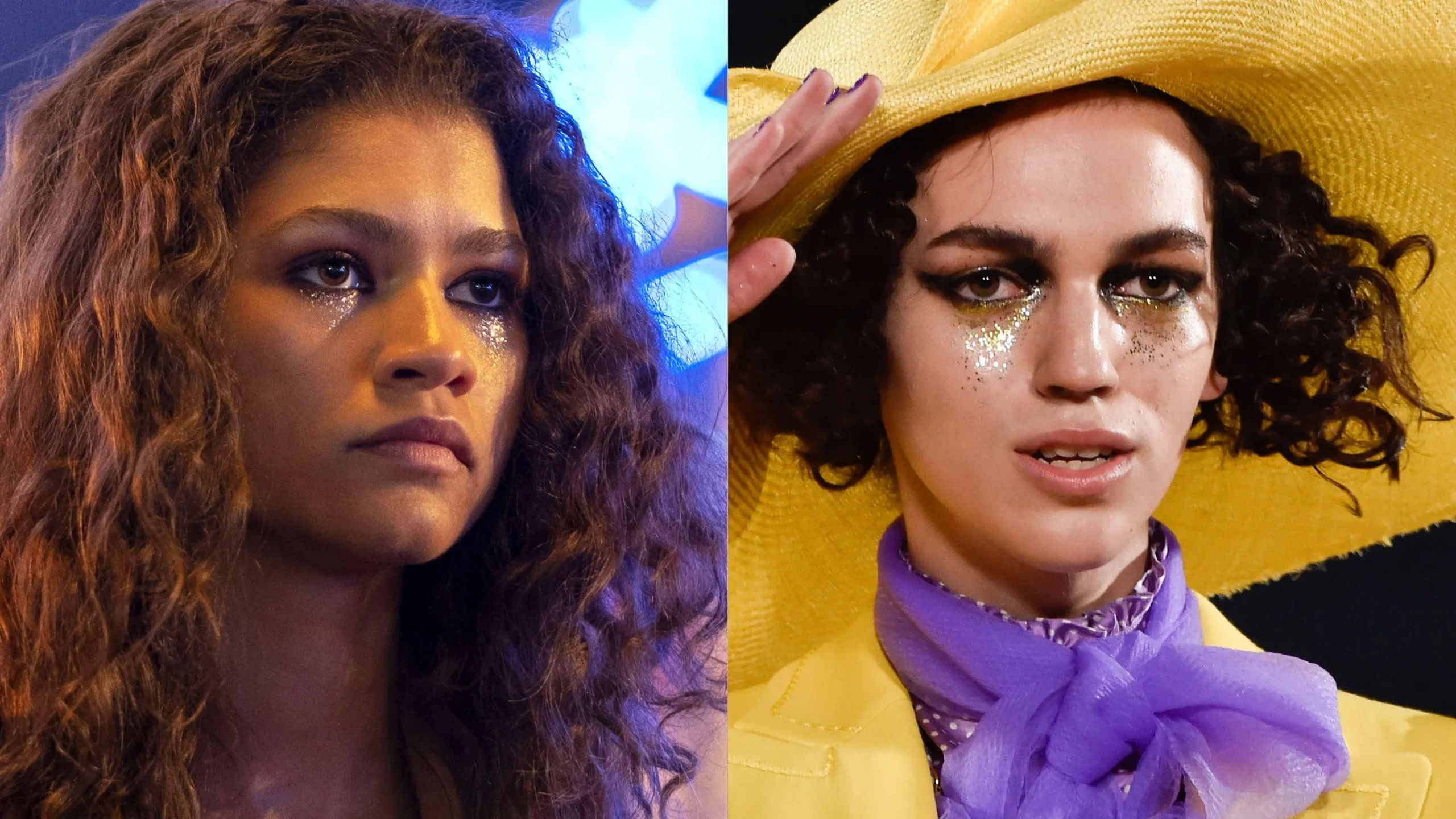 Split-screen image featuring two close-up portraits from a stylized TV scene: on the left, a young woman with curly hair and a serious expression has glitter tears streaming beneath her eyes under neon lighting; on the right, another person in a wide yellow hat and matching outfit with a purple scarf looks forward, also wearing dramatic glitter tear makeup, creating a vivid contrast in color and mood