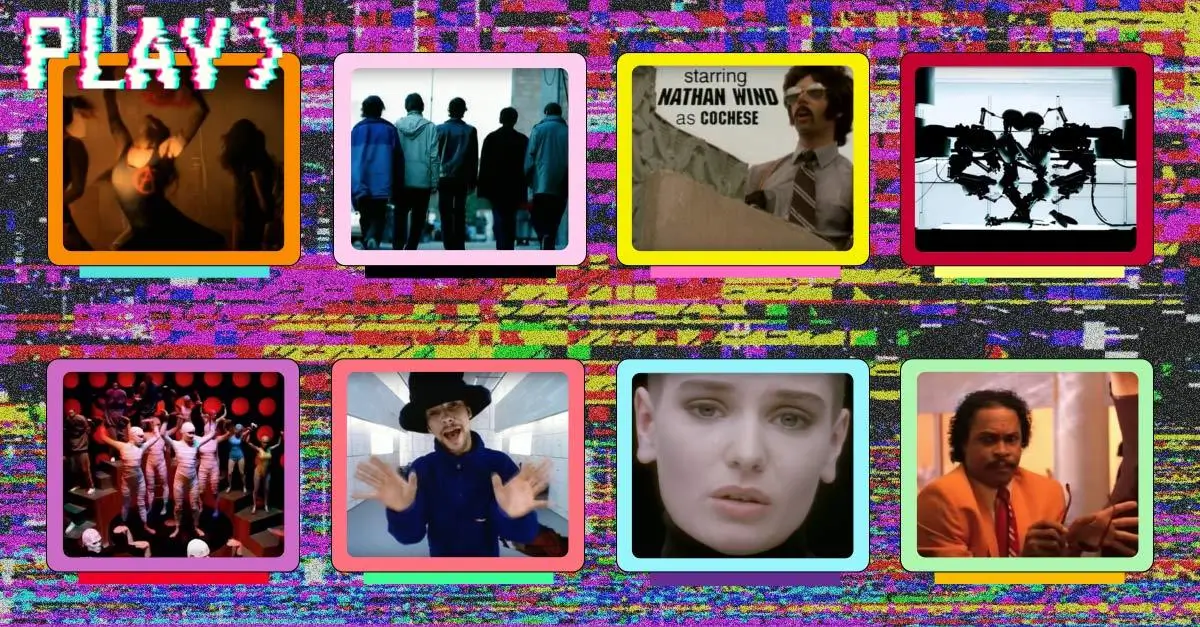 Retro VHS-style collage of Beastie Boys 'Sabotage' music video scenes in colorful TV frames, with 'PLAY>' glitch text