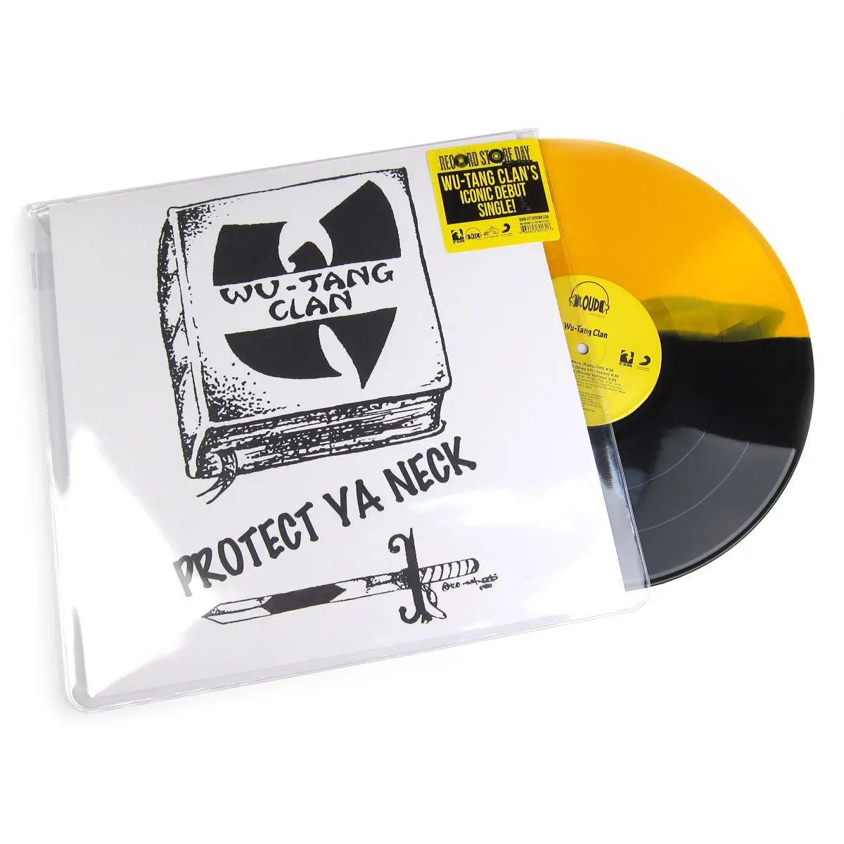 Wu-Tang Clan “Protect Ya Neck” vinyl single displayed in a clear sleeve, featuring the iconic black Wu-Tang “W” logo and hand-drawn sword graphic on a white cover, paired with a yellow-and-black split-color record partially slid out, with a Record Store Day sticker highlighting the release