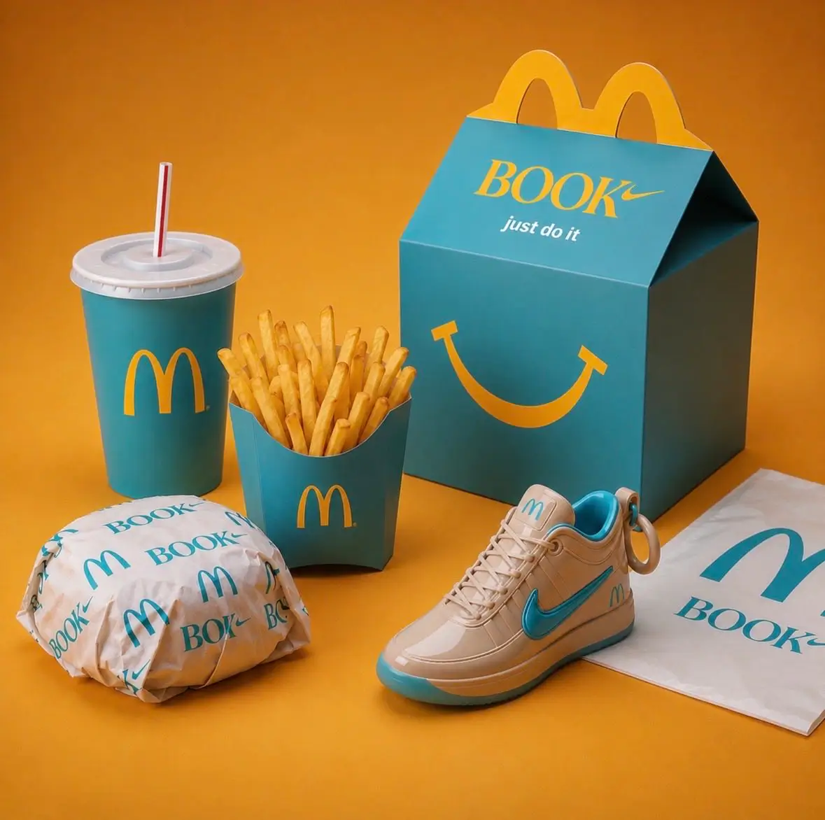 McDonald’s x Nike Book 2 “Sedona” campaign setup featuring themed packaging, co-branded meal elements, desert-toned sneaker design, and turquoise accents inspired by Sedona’s iconic arches