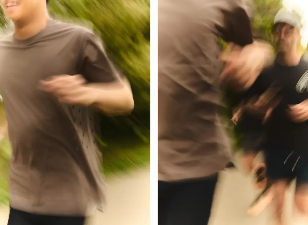 Diptych-style motion-blurred photographs of runners in dark technical athletic apparel moving along an outdoor trail, emphasizing speed, breathability, and the fluid energy of group running against lush green surroundings