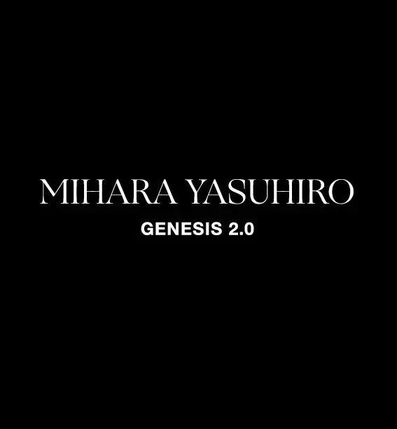 Black title card featuring the words "Mihara Yasuhiro" and "Genesis 2.0" in white typography, introducing a feature focused on the designer's new era of creative and business evolution