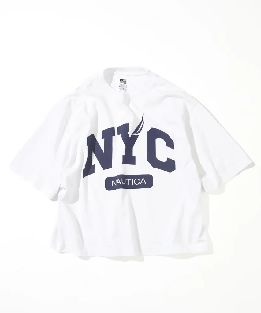 White Nautica Made in USA oversized T-shirt featuring bold NYC typography with signature sail logo and heritage branding