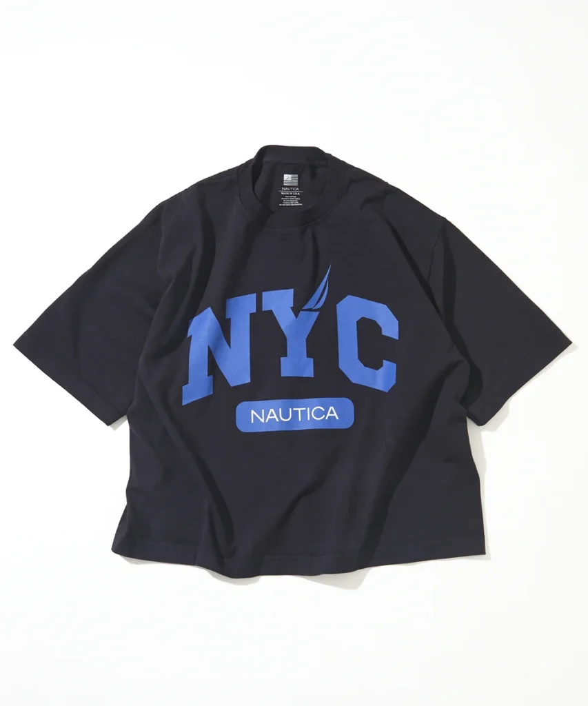 Navy Nautica Made in USA oversized T-shirt with oversized blue NYC logo graphic and minimalist Nautica wordmark detail